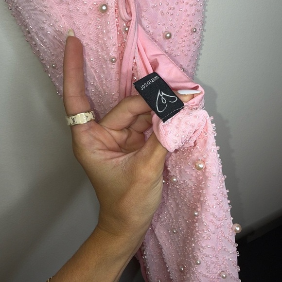 Windsor Keira Faux Pearl Strappy Open Back Blush Beaded Mini Dress - Picture 5 of 8